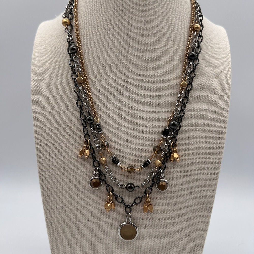 Lia Sophia Mixed Metal Multi Strand Layered Necklace Brown Stones Gold Silver